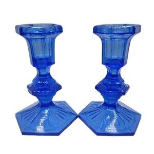 Vintage Cobalt Blue Glass Candle Stick Holders 5" Tall Set of 2